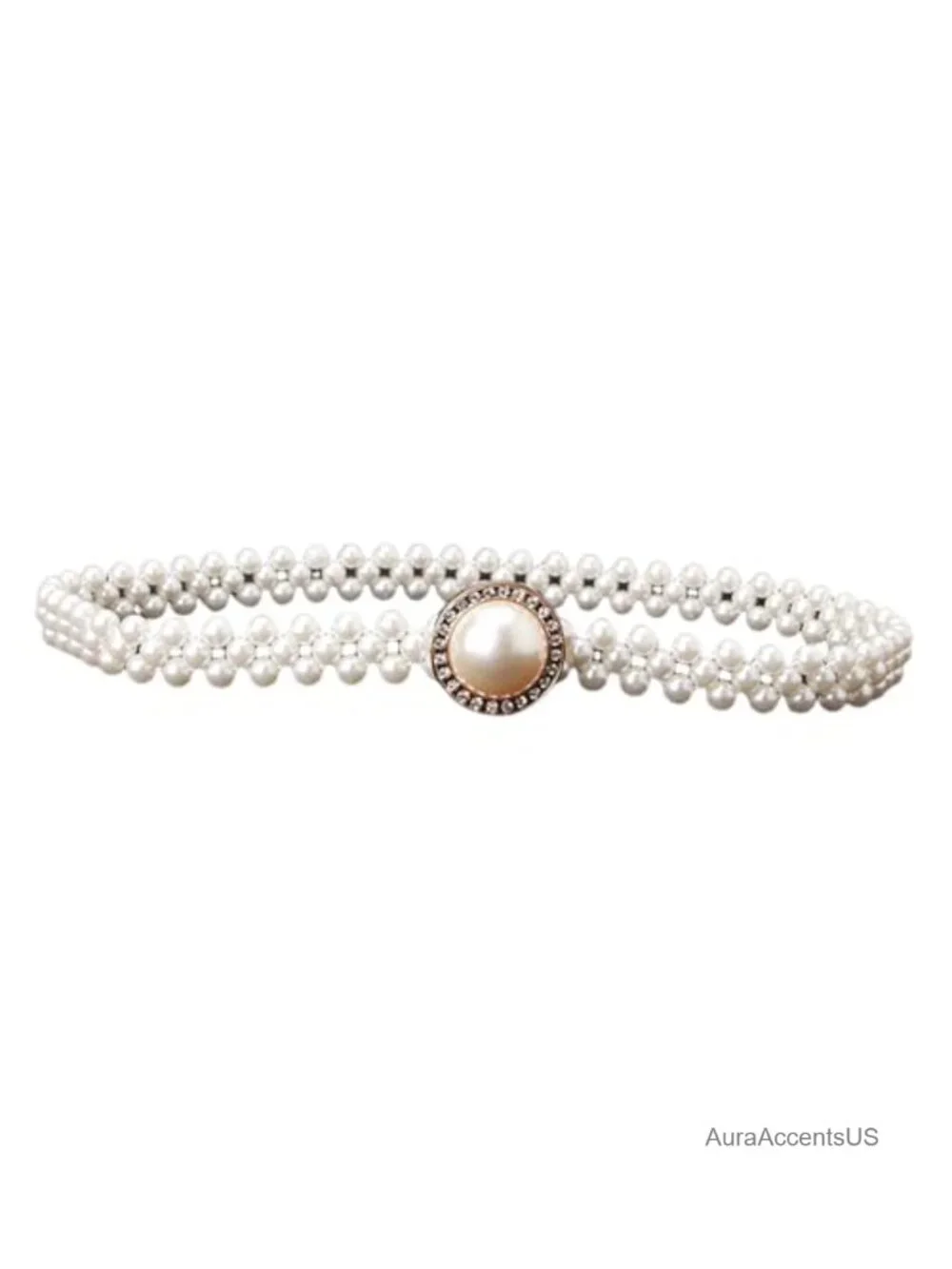 Pearl Elastic Chain Belt Adjustable Stretchy Metal Crystal Flower Buckle Waist